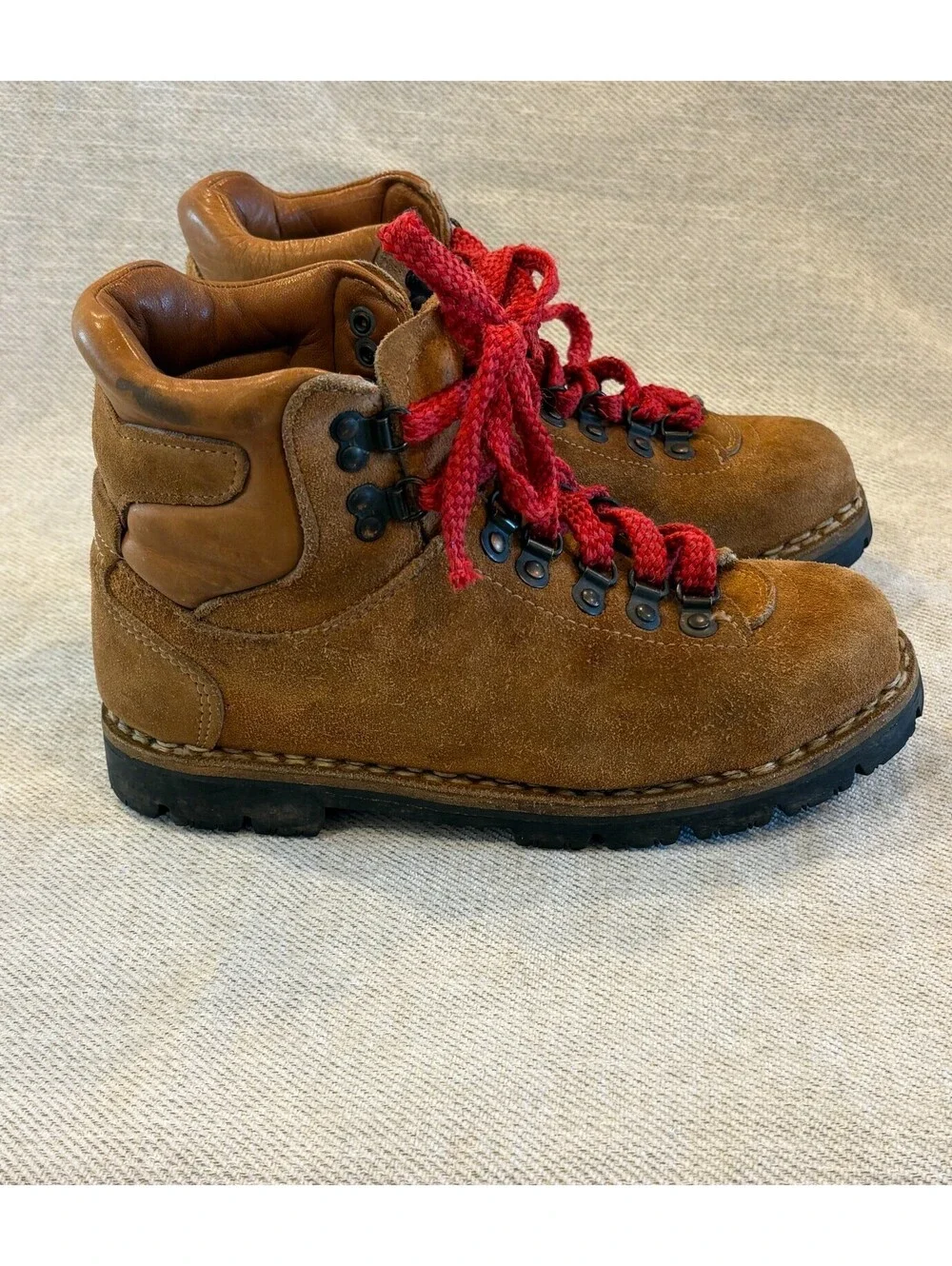 Vintage Kinney Colorado Suede Hiking Boots Vibram Sole Red Laces Men 7 Women 8.5